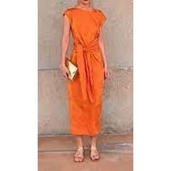 Zara Orange Floral Cap Sleeve Tie‎ Waist Stretch Midi Dress Sz M - Picture 2 of 16
